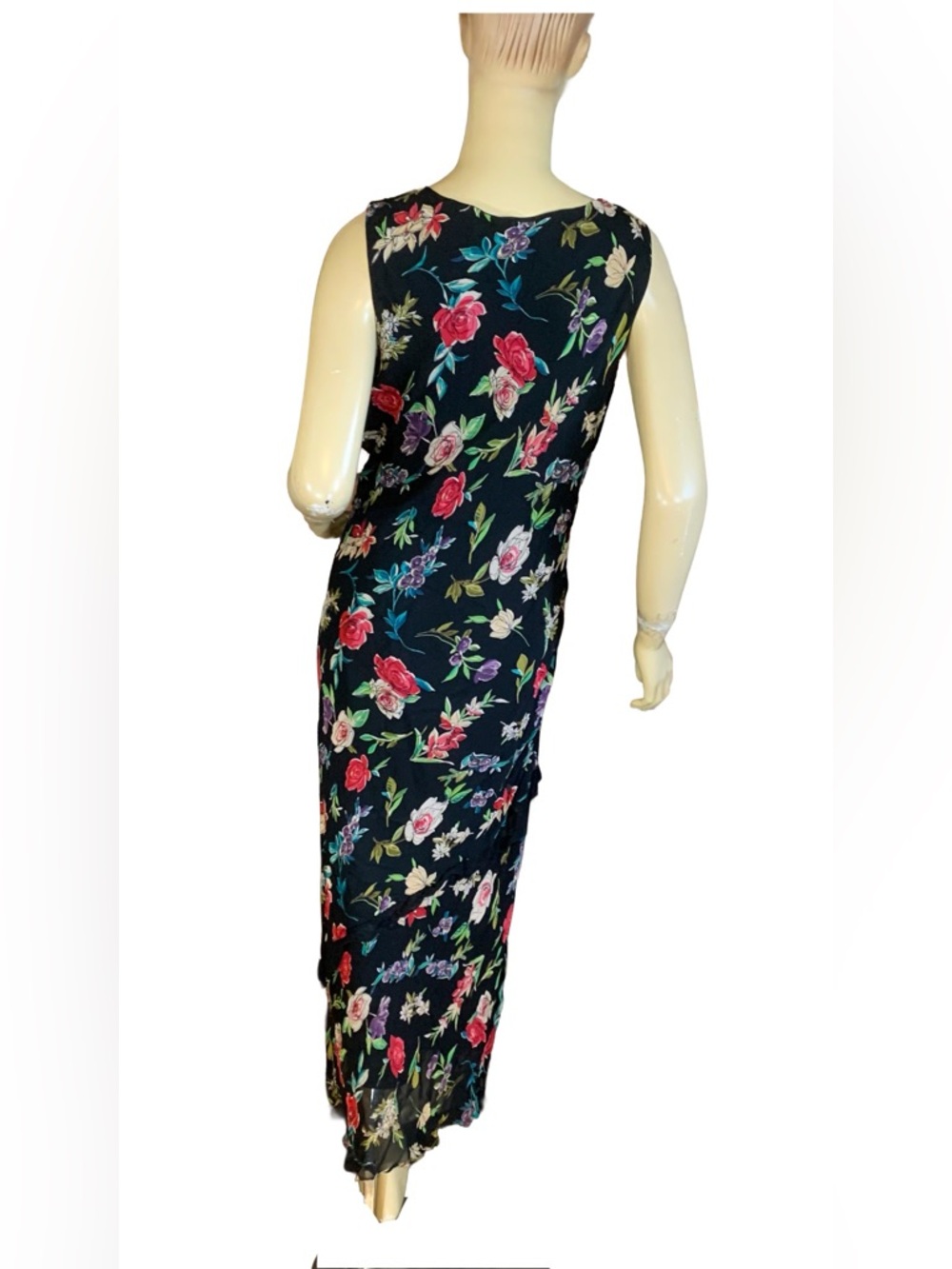 VINTAGE Y2K BLACK MULTI-COLOR FLORAL PRINT W/LACE RUFFLE CHIFFON SILK DRESS (L) - Picture 5 of 12
